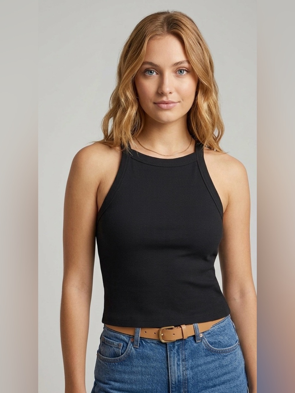 A.L.C. Hannah Black Ribbed High Neck Halter Tank Top Size M basics minimalist